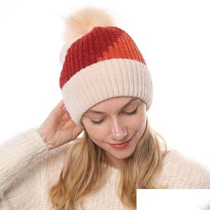 Muts/Skull Caps Dikke Warme Vrouwen Hoed Winter Pompom Mticolorwork Lady Girl Beanie Voering Fleece Anti Bevroren Warmer motorkap Kerst Dhipm