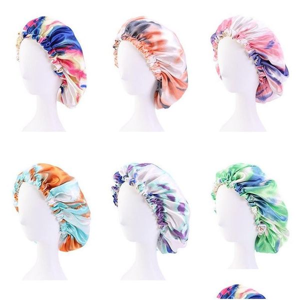 Beanie / Skull Caps Tie Dye Satin Silky Bonnet Hat para mujeres de doble capa con hebilla ajustable Night Sleep Cap Curly Protect Hair Ca Dh5Lv