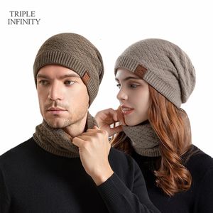 Bonnet / Skull Caps Chapeau d'hiver unisexe avec doublure en peluche coupe-vent chaud bonnet extérieur épais protection du cou écharpe ensemble bonnets de laine tricotés pour les femmes 231102