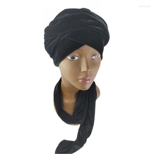 Bonnet/tête de mort casquettes velours à lacets foulard casquette africain Nigeria couleur unie femmes enveloppé Turban long banderoles chapeau Style ethnique Bonnet Davi2