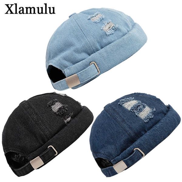 Vintage Jeans Hommes Brimless Cap Roulé Manchette Rétro Chapeau Étudiant Garçons Filles Couple Marin Chapeau Skullcap Brimless Chapeau Cowboy Trou Cap T221020