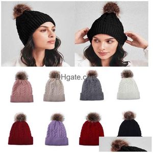 Beanie / Skull Caps Venta al por mayor Logotipo personalizado Knit Bobble para mujer Rib Faux Fur Pom Beanie Hat con pompón Df299 Drop Delivery Fashion Ac Dhz7B