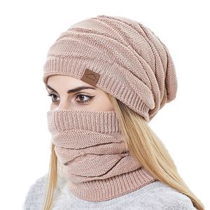 Beanie/Skull Caps Winter Beanie Hoeden Sjaal Set Dames Warme Gebreide Muts Skull Cap Nekwarmer Dikker Bont Gevoerd Dame Wintermuts Masker Sjaal voor Dames 230905