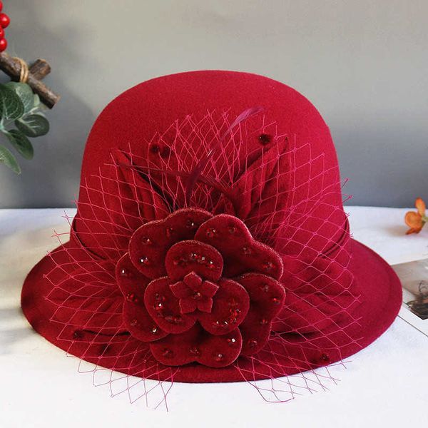 Bonnet / Skull Caps Seau d'hiver Fedora Chapeau Femmes Feutre Laine 2021 Fleur Design Femme Fedoras Dames Élégant Chapeau Melon Jaune Noir Rouge Gris T221013