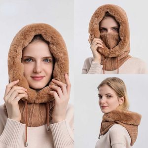 Beanie/Skull Caps Winterbont dop Masker Sets Hooded voor vrouwen gebreide warme buiten ski winddicht dikker pluizige pluizige muts hoed Russische stijl T221020