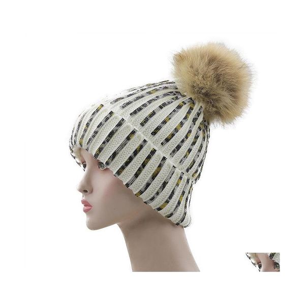 Bonnet/Crâne Casquettes Chapeaux D'hiver Pour Femmes Fourrure Pompon Filles Bonnet Tricoté Femme Bonnets Femme Cap Fille Mode Solide Chaud Épais Skl L Dhwn1