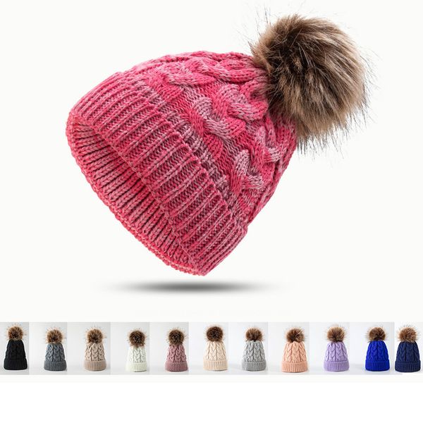 Bonnet/Crâne Casquettes Hiver Enfants Pompon Boule De Fourrure Bonnet Twist Tricoté Épaissi Chapeau De Laine Enfants Bonnet Chapeau Rose Gris Noir Blanc Bleu 12 Couleurs