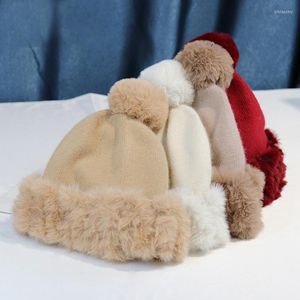 Bonnet / bouchons de crâne en hiver en laine tricotée chapeau femmes femelles chaudes furages plus velours beanie épais couchée à la main crochet mignon pom pom oliv22