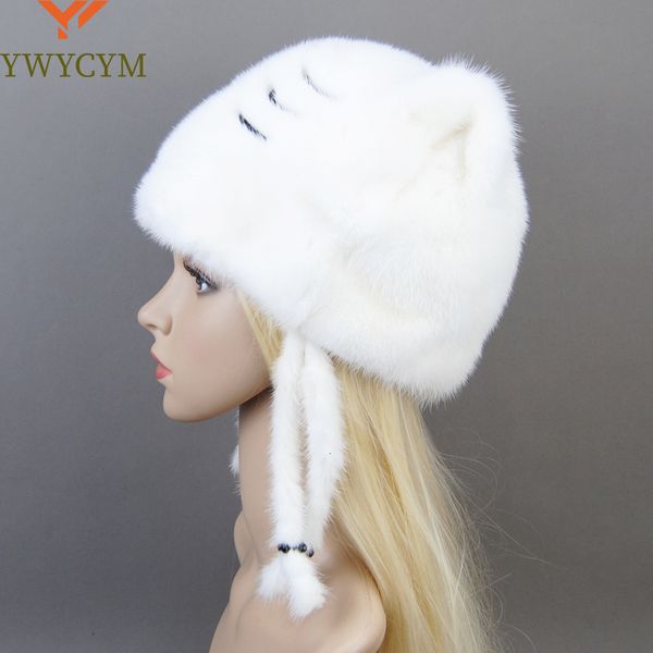 Gorro / Gorros de calavera Piel de visón de invierno Orejas de gato lindas Gorra cuadrada con lentejuelas Invierno cálido para mujeres Piel de visón natural real Tejido vertical Sombrero de invierno 230807