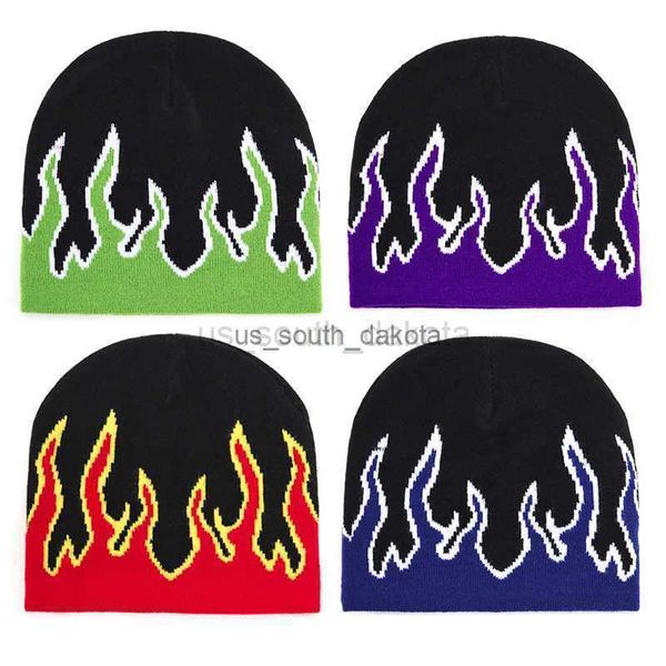 Bonnet/Crâne Casquettes Hiver En Plein Air Aiguille Chaude Bonnet Tricoté Flamme Motif Laine Chapeau Rue Crâne Chapeau Anti-froid Coton Chapeau Hip-Hop Bonnet Caps L0825