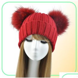 Bonnet / Skull Caps Hiver Véritable Boule De Fourrure Bonnet Chapeau Pour Femmes Dames Y Double Naturel Raccoon Pom Sklies Avec 2 Pompom5858874 Drop Deliv Ot4Gd