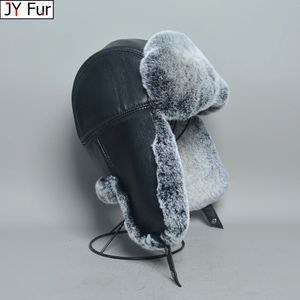 Bonnet/Crâne Casquettes Hiver Russe Homme Femme Wholeskin Naturel Rex Lapin Fourrure Chapeaux De Luxe Véritable Peau De Mouton En Cuir Casquette Unisexe Véritable Fourrure Bomber Chapeau 231020