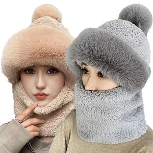 Beanie Skull Caps Winter Sjaal Set Met Capuchon voor Vrouwen Pluche Nek Warm Rusland Outdoor Ski Winddichte Hoed Dikke Pluizige Mutsen 230919