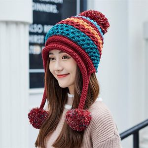 Beanie / Skull Caps Invierno Espesar Cálidos Sombreros de punto Gorro de piel de mujer Dentro de lana Linda Chica Regalo Accesorio Beanie Pompom Hat Con Earfla Chur22