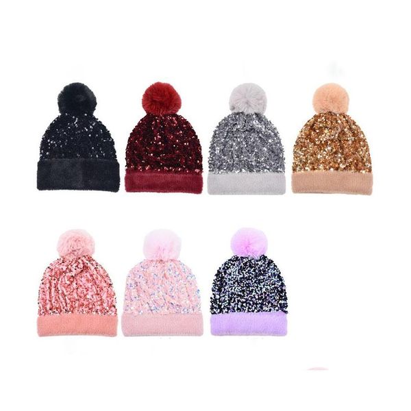 Bonnet/Crâne Casquettes Femme Rue Sequin Tricoté Bonnet Chapeau Dames Boule De Fourrure De Mode Épais Chapeaux D'hiver Bonnet De Laine Épaissie Chaud Detacha Ots1P