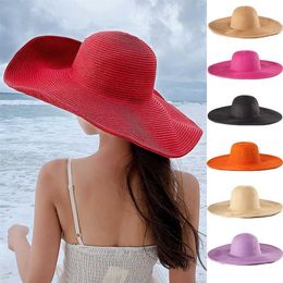 Bonnet Skull Caps Femmes 15cm Grand Bord Chapeau De Soleil Été Large Bord Chapeau De Paille Femelle Vacances En Plein Air Rouler UPF50 Surdimensionné Foldabl287E