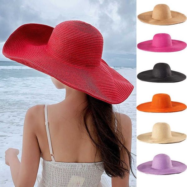 Bonnet Skull Caps Femmes 15cm Grand Bord Chapeau De Soleil Été Large Bord Chapeau De Paille Femelle Vacances En Plein Air Rouler UPF50 Surdimensionné Foldabl301K