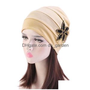 Beanie/Skull Caps Dames 1Pc Gedraaide Hoofddoeken Hoofdwikkel Effen Kleur Innerlijke Elegante Hoed Beanie Tulband Chemo Cap Met Kralen F Dhgarden Dh6Gf