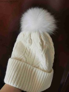 Bonnet/crâne casquettes femmes câble tricot laine bonnet chapeau Ski casquette fourrure Pom blanc hiver chaud Bobble chapeaux crâne casquettes Z230819