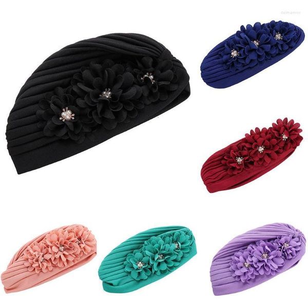Bonnet/tête de mort casquettes femmes fleurs à volants Turban musulman élastique perles foulard Bonnet dames cheveux accessoires casquette Turbante Mujer Delm22