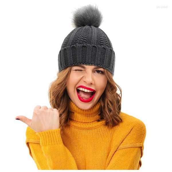 Bonnet/crâne casquettes femmes chapeau de fourrure pour l'hiver thermique tricoté pompon Skullies bonnets femme Pom couvre-chef casquette chaude Pros22