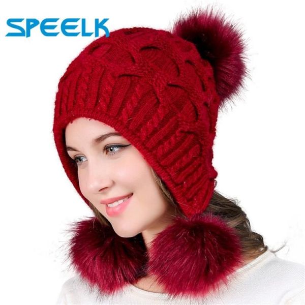 Geanie calavera gorras para mujeres sombreros otoño de invierno gorro de lana gorro de tres cabello bola de punto de punto abierto