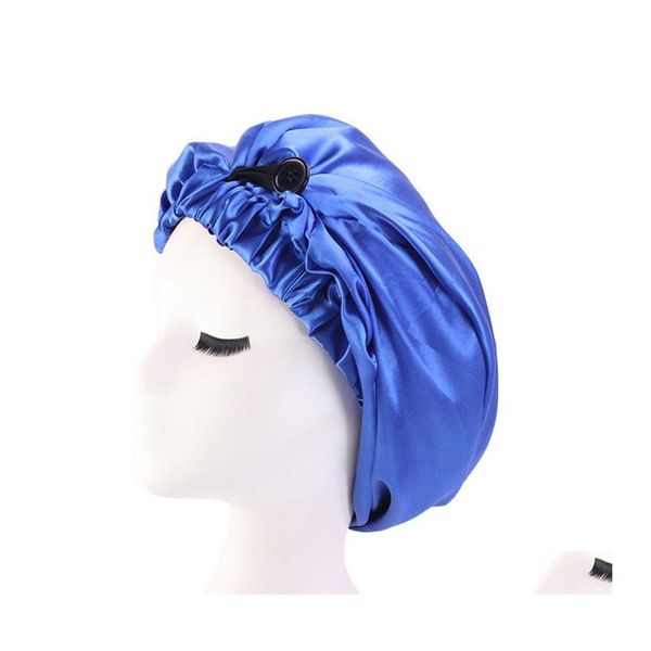 Bonnet / Crâne Casquettes Femmes Longue Nuit Sommeil Chapeau Satin Turban Cap Avec Bouton Femme Durag Durags Dames Soins Des Cheveux Douche Chapeaux Salon Make Dhsxz