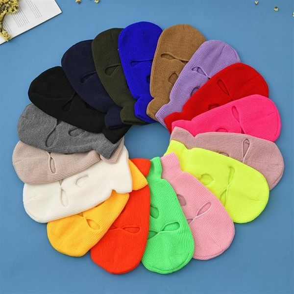 Beanie Skull Caps Mujeres Hombres 3 agujeros de punto Cubierta de cara completa Esquí Invierno Cálido Ciclismo Neón Color Sólido Pasamontañas Máscara Sombrero Halloween P248N