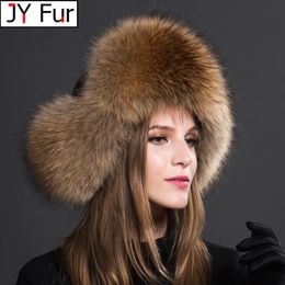 Bonnet/Crâne Casquettes Femmes Naturel Fourrure De Raton Laveur Casquettes Ushanka Chapeaux pour L'hiver Épais Oreilles Chaudes Mode Bomber Pom Chapeau Dame Réel Renard Fourrure Cap Pompon 231205