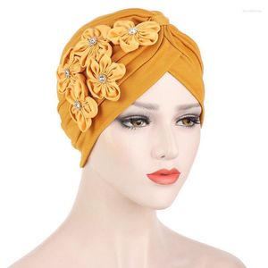 Beanie/Skull Caps damesbloem met kristal kraal hijabs tulband hoed dames elastische stoffen hoofd cap haar accessoires moslim sjaal davi22