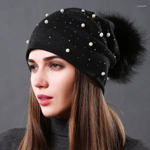 Beanie/Skull Caps Gorro holgado para mujer Gorro de doble capa Engrosamiento con bola de piel de mapache real Pompón Algodón Perlas Invierno Otoño Punto Pros