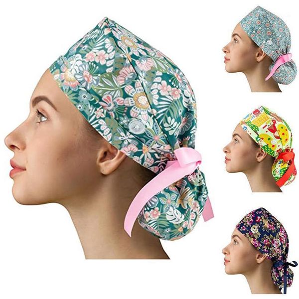 Bonnet Skull Caps Femmes Gommages Avec Bouton Ultra-mince Respirant Dessin Animé Imprimé Chapeaux Réglables Réutilisable Bouffant Accessoires R2250w