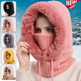 Bonnet / Crâne Casquettes Femmes Slouchy Fleece Beanie Cachemire Fourrure Cap Chapeaux Écharpe Masque Cordon Chaud À Capuche Hiver Balaclava Pull Tricoté Chapeau 231017