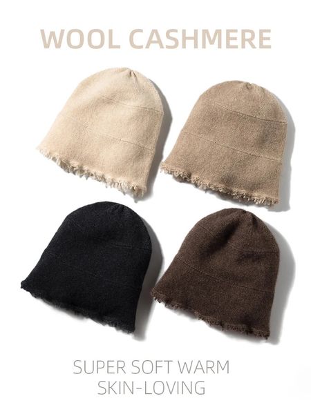 Beanie / Skull Caps Mujeres Unisex Otoño Invierno Cashmere 35% Cap Knit Bell Hat Broke Dobladillo Cálido Borlas Beanie Lana Borde áspero Bucket Hat Real Pushmina 231108