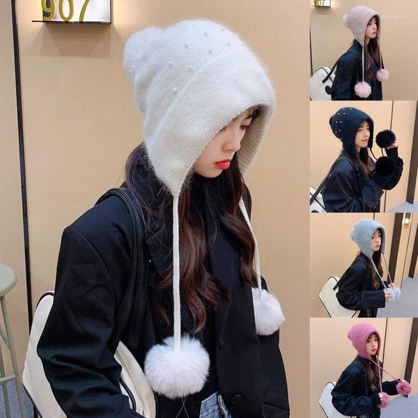 Bonnet / Casquettes De Tête De Mort Femmes Chapeau Tricoté D'hiver Avec Boule De Pompon En Peluche Filles Douces Casual Perle Crochet Bonnet En Plein Air Solide Couleur Earflap Cap De