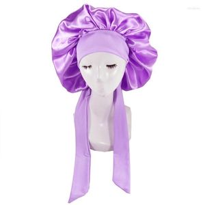 Bonnet / Skull Caps Femmes Satin Bonnet avec larges liens extensibles Soins des cheveux longs Filles Nuit Sommeil Chapeau Soyeux Head Wrap Bonnet de douche M68A Oliv22