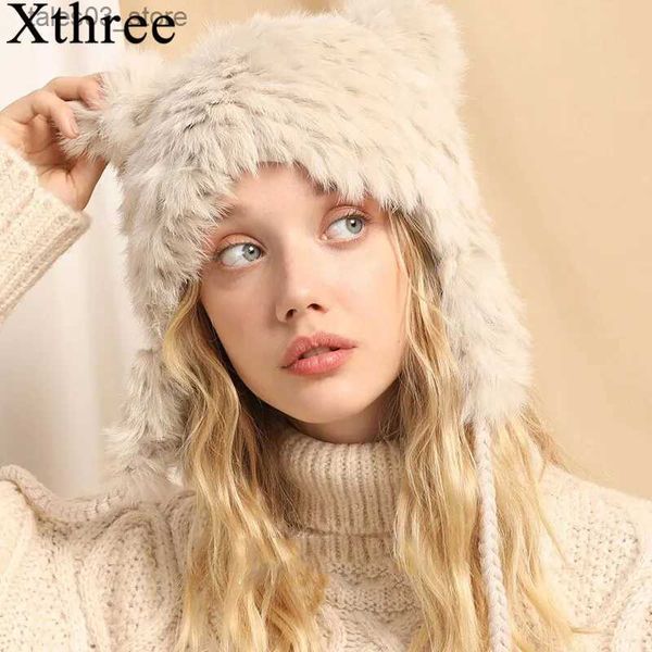 Bonnet/Crâne Caps Xtrois Chapeau De Fourrure De Lapin Tricoté Cagoule D'hiver Avec Oreilles Casquettes Femmes Bomber Chapeau Oreille Rabat Cap Casual Hiver Trappeur Chapeaux Femme Q231130