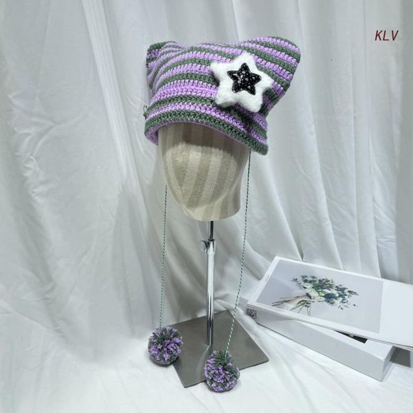 Bonnet Skull Caps Y2K Gothique Tricoté Oreille Chapeau Harajuku Petit Diable Rayé Femmes Coupe-Vent Hiver À La Main Bonnet Femme Chapeaux 230831