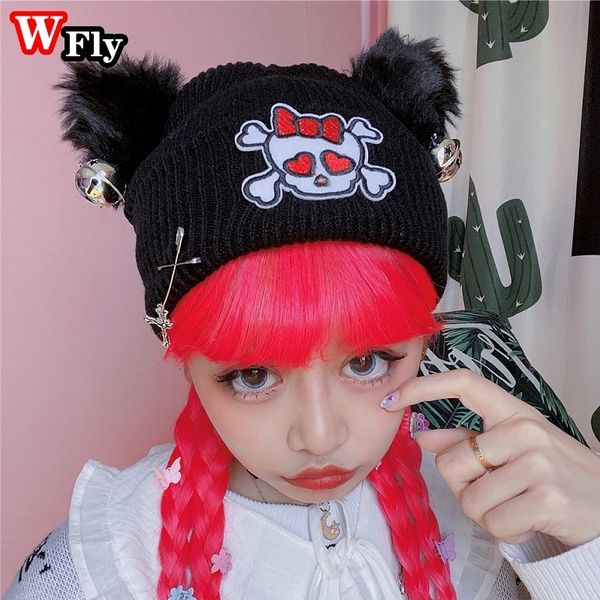 Beanie/Skull Caps Y2K Harajuku Goth Lolita Mujeres Niñas Punk Skull Black Beanie Hats Cute Cat Ears Bells Design Winter Warm Knitted Caps Streetwear 230725