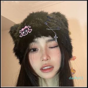 Bonnet/Crâne Casquettes Y2K Japonais Harajuku Kawaii Noir Blanc Lapin Fausse Fourrure Crâne Oreilles De Chat Chapeaux Femmes Fille Hiver Chaud Laine D'agneau Mignon Bonnet Casquettes