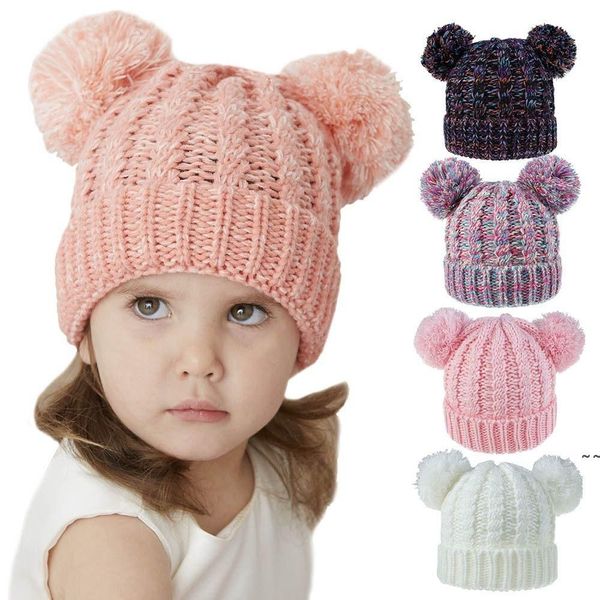 Bonnet d'hiver Crochet tricoté chapeaux Double boules torsion chaud laine tricot chapeau en plein air bébé Ski fête chapeaux filles doux crâne casquette