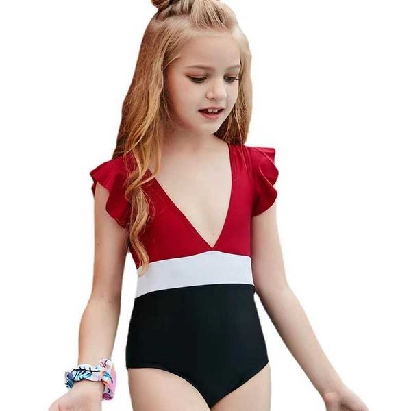 Bonnets 2021 Big Girls Color Matching Maillots de bain Enfants Deep V-Col Bikini Mode One Piece Maillot de bain Été Enfants Fly Sleeve Maillots de bain