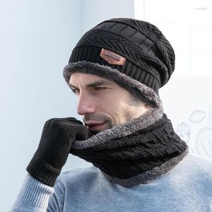 Bonnets 2pcs / Set Hommes Automne et hiver Chunky Slouchy Polaire Protection d'oreille Bonnet tricoté Bavoir