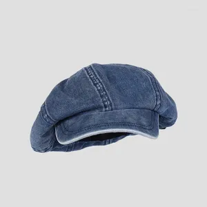 Mutsen Herfst Hoeden Voor Vrouwen Gewassen Denim Stof Achthoekige Hoed 2023 Modieus En Veelzijdig Artistiek Schilder Sboy Cap