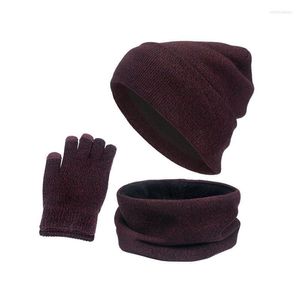 Bonnets Bonnet/Crâne Casquettes 3 pcs/ensemble Hiver Chaud Bonnet Tricoté Chapeau Cache-Cou Écharpe Écran Tactile Gants Pour Femmes Hommes Filles Sport