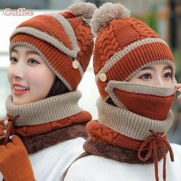 Bonnets Bonnet/Crâne Casquettes 4 PCS Femmes Bonnet Chapeau Pom Écharpe Masque Tricoté Écran Tactile Gants Ensemble Hiver Chaud Femme Cap Fille Patchwork Épais