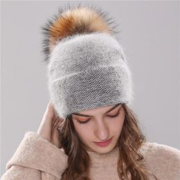 Bonnets Beanie/Crâne Caps 50% Angola Fourrure Chapeau D'hiver Pour Femmes Fille Tricoté Avec Pom Épais Femme Dames Cap Skullies BonnetBeanie/Sku