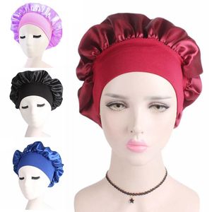 Bonnets Bonnet / Crâne Caps 8 Couleurs Mode Bonnet De Couchage Satin Couleur Unie À Large Bord Haute Élastique Nuit Coiffure Soins Chapeau Soie Capuche