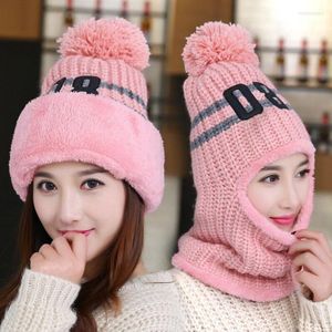 Bonnets Beanie/Crâne Casquettes Tout-en-un Chapeau En Laine Hiver Femmes Plus Velours Épais Tricot Coréen Femme Cache-Oreilles Étudiant Chaud CapBeanie/Crâne