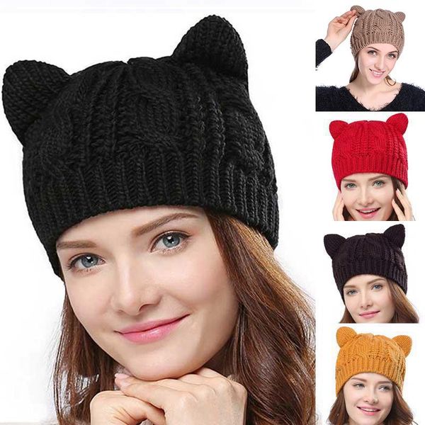 Gorros Gorro/Gorras De Calavera Color Otoño E Invierno Moda Todo Fósforo Sombrero De Oreja De Diablo Tejido Hecho A Mano Puro Protección De Punto Femenina Cálida